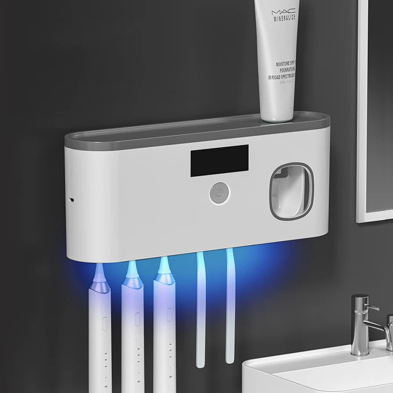 Porte-brosse à dents multifonctions UV à séchage rapide Stérilisateur de stockage pour brosses à dents avec dentifrice Squeezer Accès salle de bain domestique