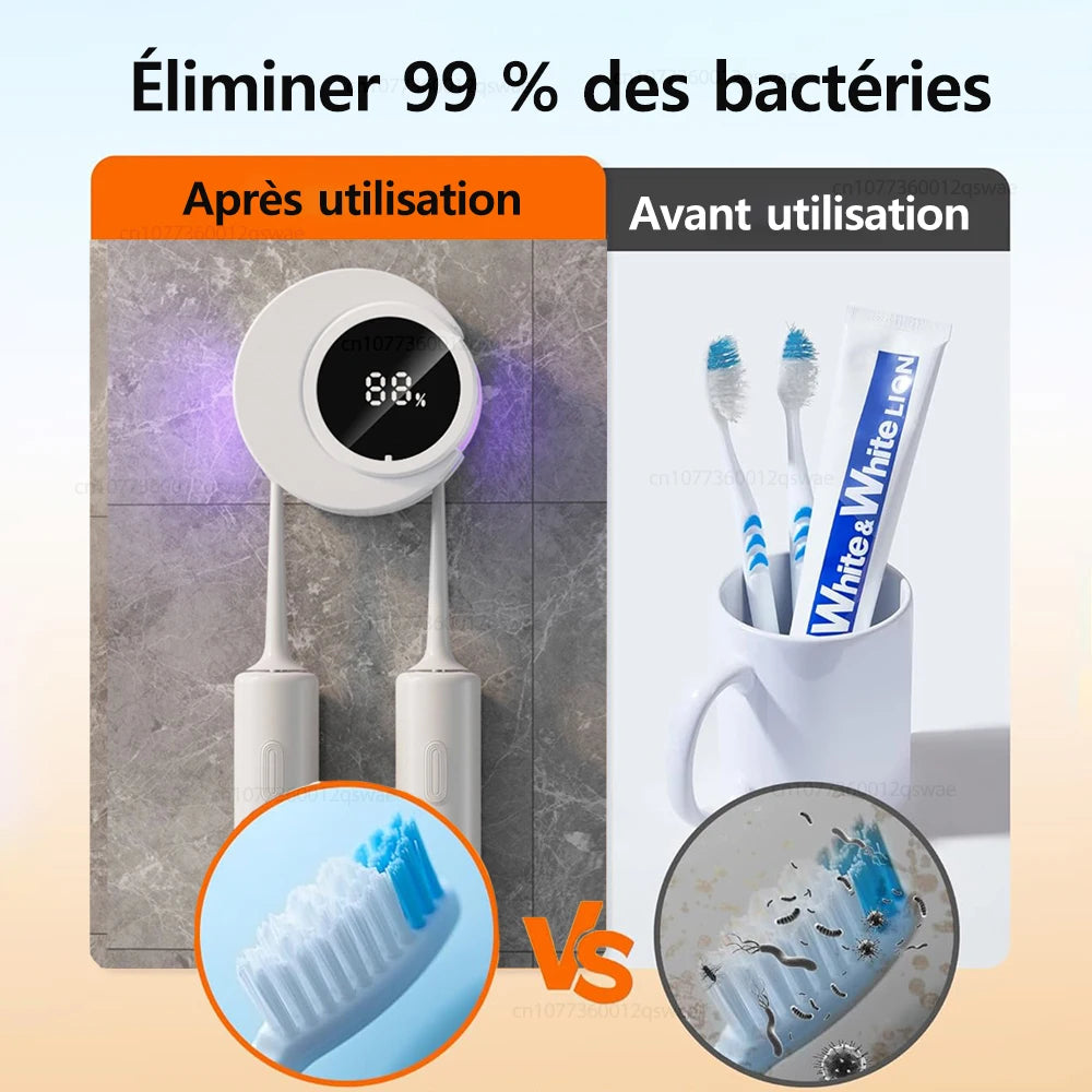 Porte-brosse à dents UV Light Rechargeable Stérilisateur de brosse à dents avec affichage LED Salle de bain Support de brosse à dents électrique mural