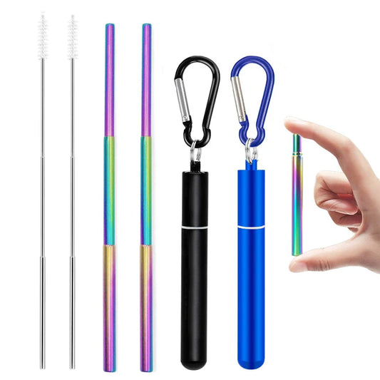 Paille télescopique en acier inoxydable Paille métallique portable avec brosse de nettoyage Voyage Pailles Pique-nique Fournitures de fête Outils de barre