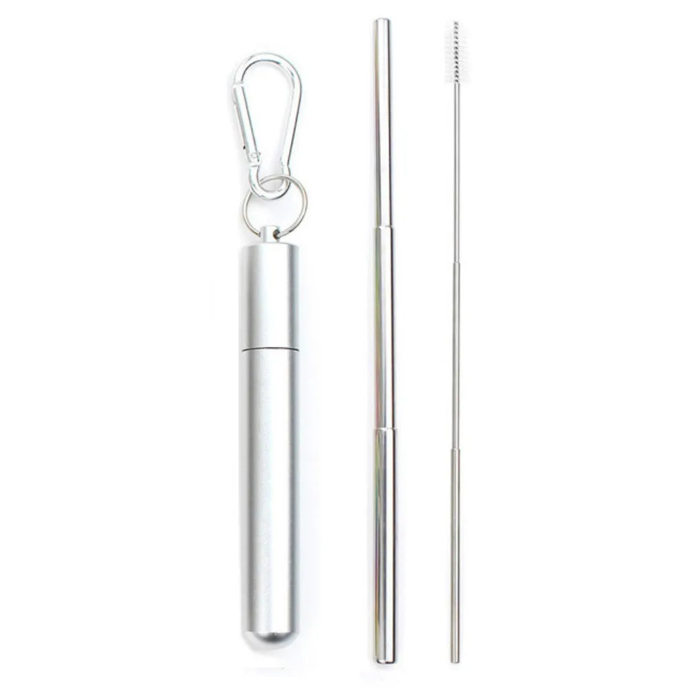 Paille télescopique en acier inoxydable Paille métallique portable avec brosse de nettoyage Voyage Pique-nique Pliable Pailles Fournitures de fête