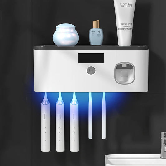 Porte-brosse à dents multifonctions UV à séchage rapide Stérilisateur de stockage pour brosses à dents avec dentifrice Squeezer Accès salle de bain domestique
