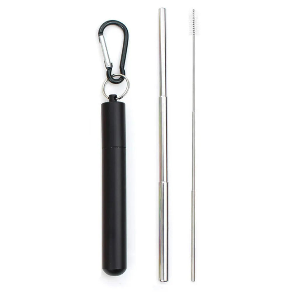 Paille télescopique en acier inoxydable Paille métallique portable avec brosse de nettoyage Voyage Pailles Pique-nique Fournitures de fête Outils de barre
