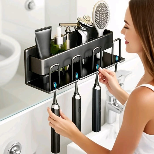 Porte-brosse à dents en acier inoxydable pour salle de bain, porte-rasoir, anti-rouille, peut être accroché au mur sans perforation avec un support adhésif, outil de rangement multifonctionnel