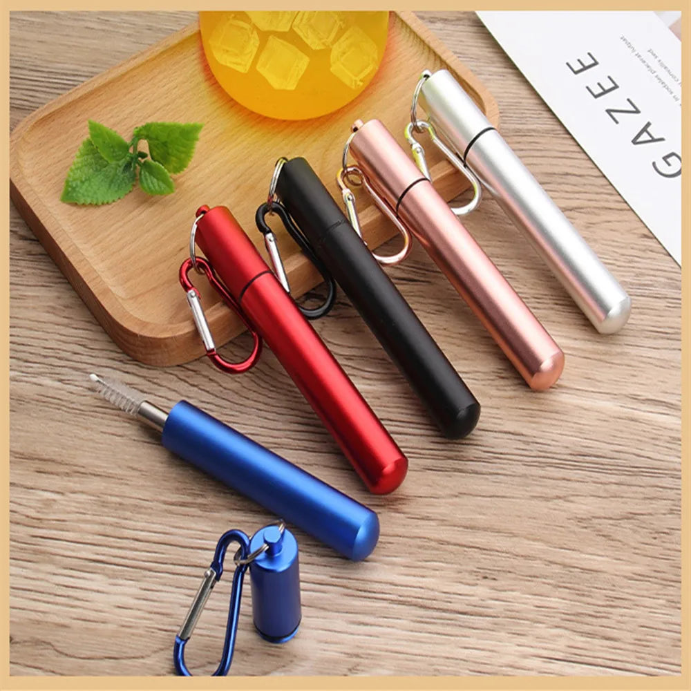 Paille télescopique en acier inoxydable Paille métallique portable avec brosse de nettoyage Voyage Pailles Pique-nique Fournitures de fête Outils de barre