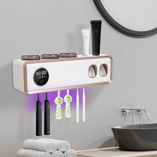Porte-brosse à dents UV intelligent Stérilisateur de brosse à dents intelligent Distributeur automatique de dentifrice mural pour salle de bain Écran tactile LED