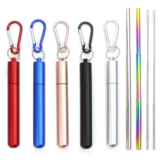 Paille télescopique en acier inoxydable Paille métallique portable avec brosse de nettoyage Voyage Pique-nique Pliable Pailles Fournitures de fête