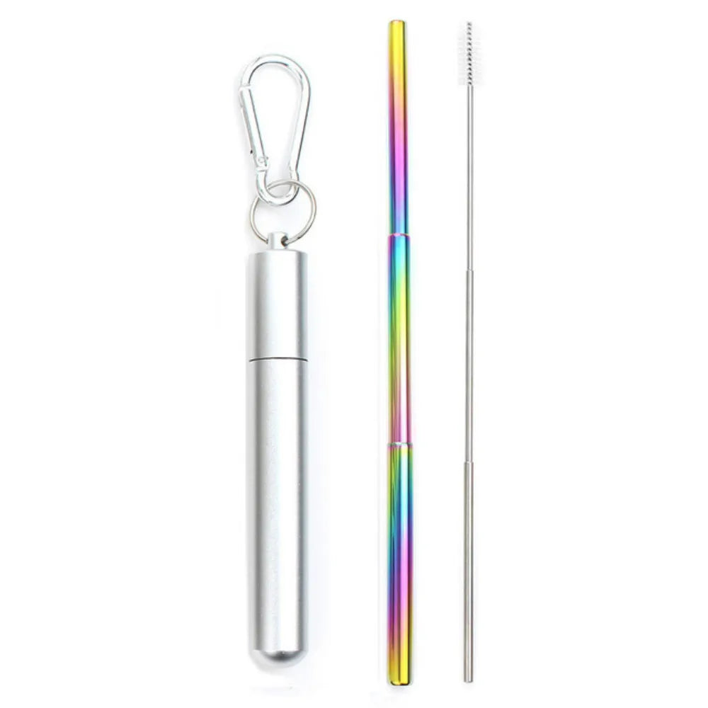 Paille télescopique en acier inoxydable Paille métallique portable avec brosse de nettoyage Voyage Pique-nique Pliable Pailles Fournitures de fête
