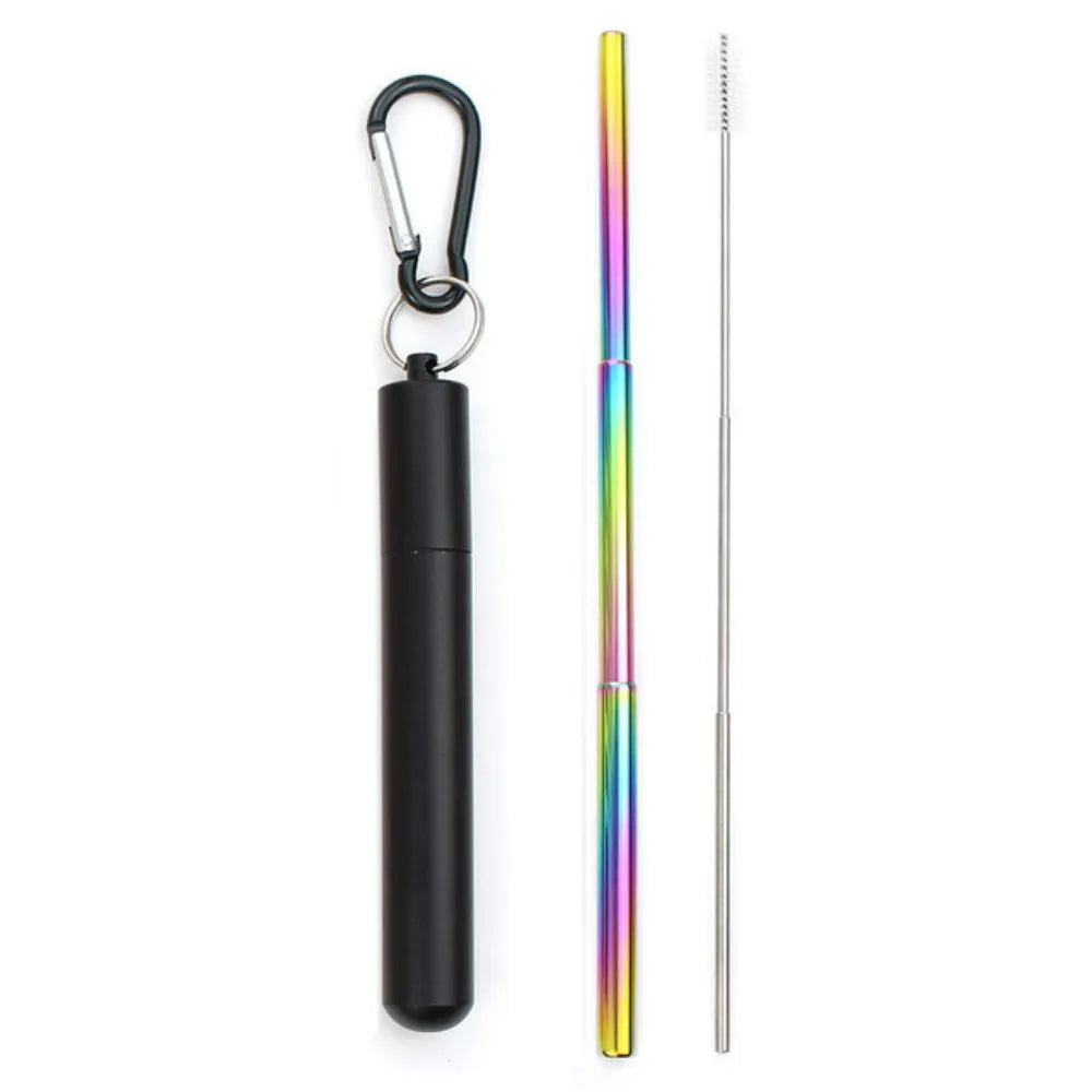 Paille télescopique en acier inoxydable Paille métallique portable avec brosse de nettoyage Voyage Pailles Pique-nique Fournitures de fête Outils de barre