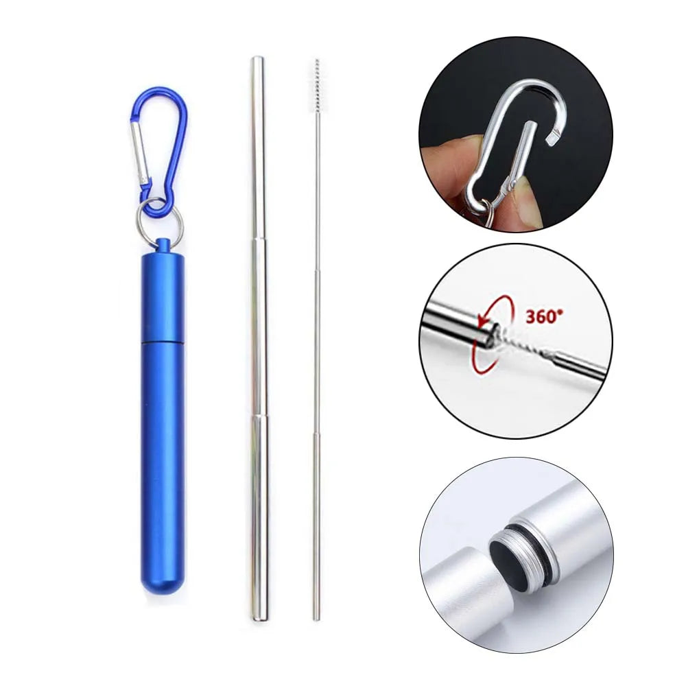 Paille télescopique en acier inoxydable Paille métallique portable avec brosse de nettoyage Voyage Pailles Pique-nique Fournitures de fête Outils de barre