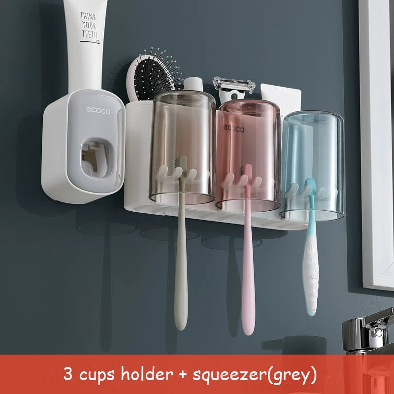 Organisateur de support de brosse à dents de salle de bain avec presse-dentifrice à tasse.